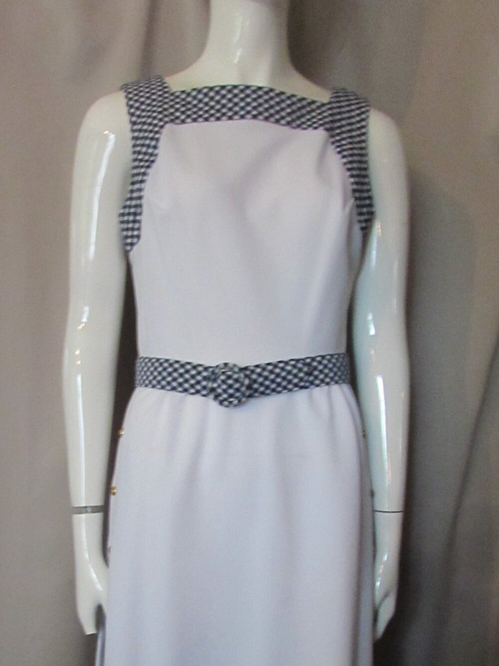 Vintage Summer Wear Dress White Polyester Blue White Gingham 1970 Era